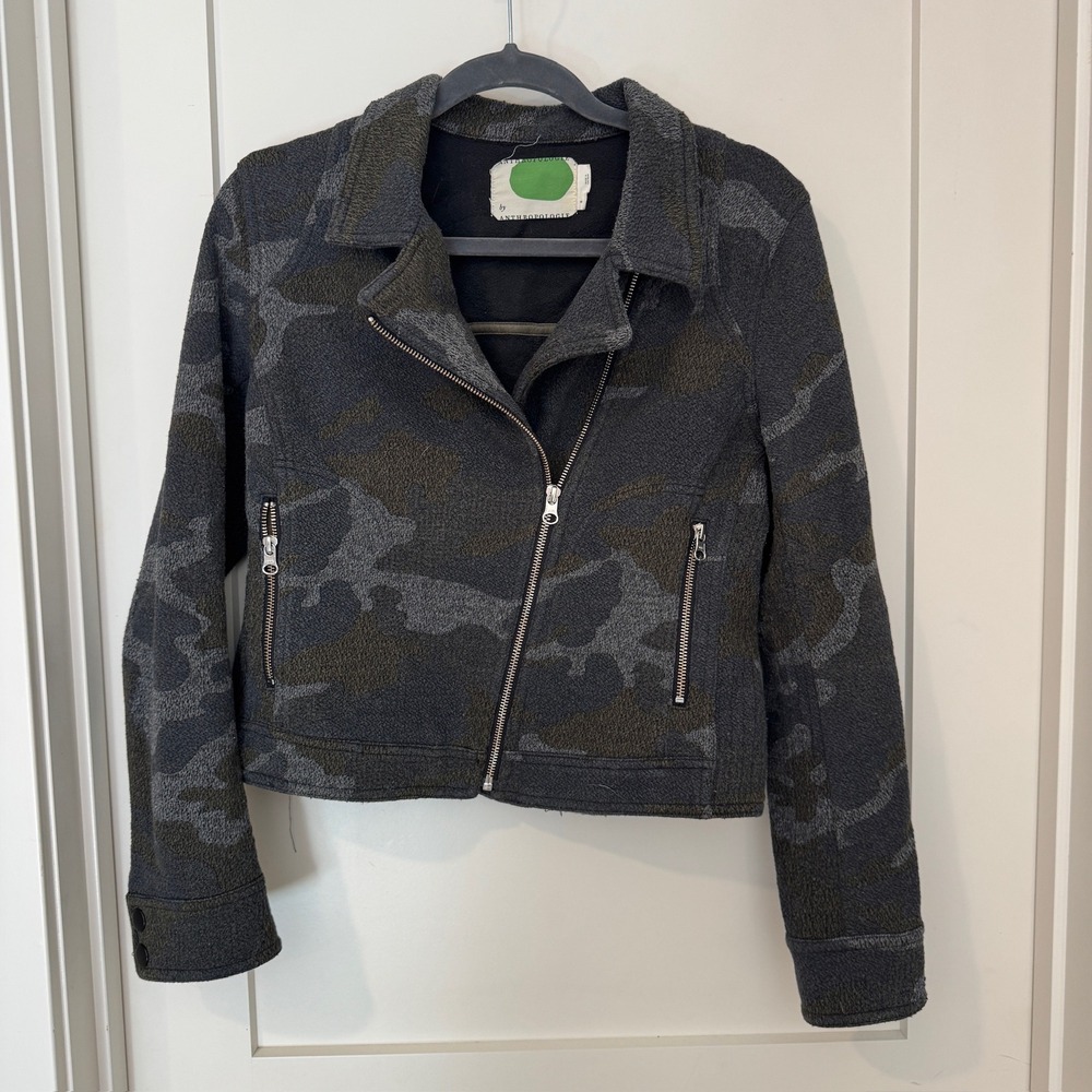 Anthropologie Camo Moto Jacket Grey Olive Green Knit Asymmetric Zip Small